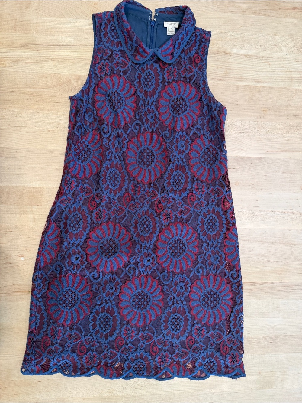 J Crew Navy and Burgundy Sleeveless Lace Shift Dress with Peter Pan Collar